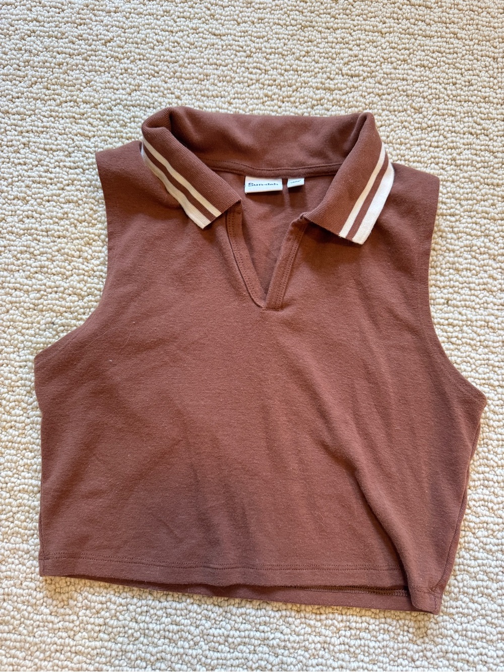 Aritizia Sleeveless Brown Collared Crop Tank with Stripe Detail